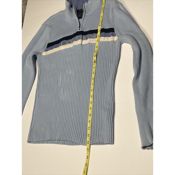 Calvin Klein Vintage Y2K Light Blue Striped Ribbed Quarter Zip Pullover Sweater - Picture 6 of 8